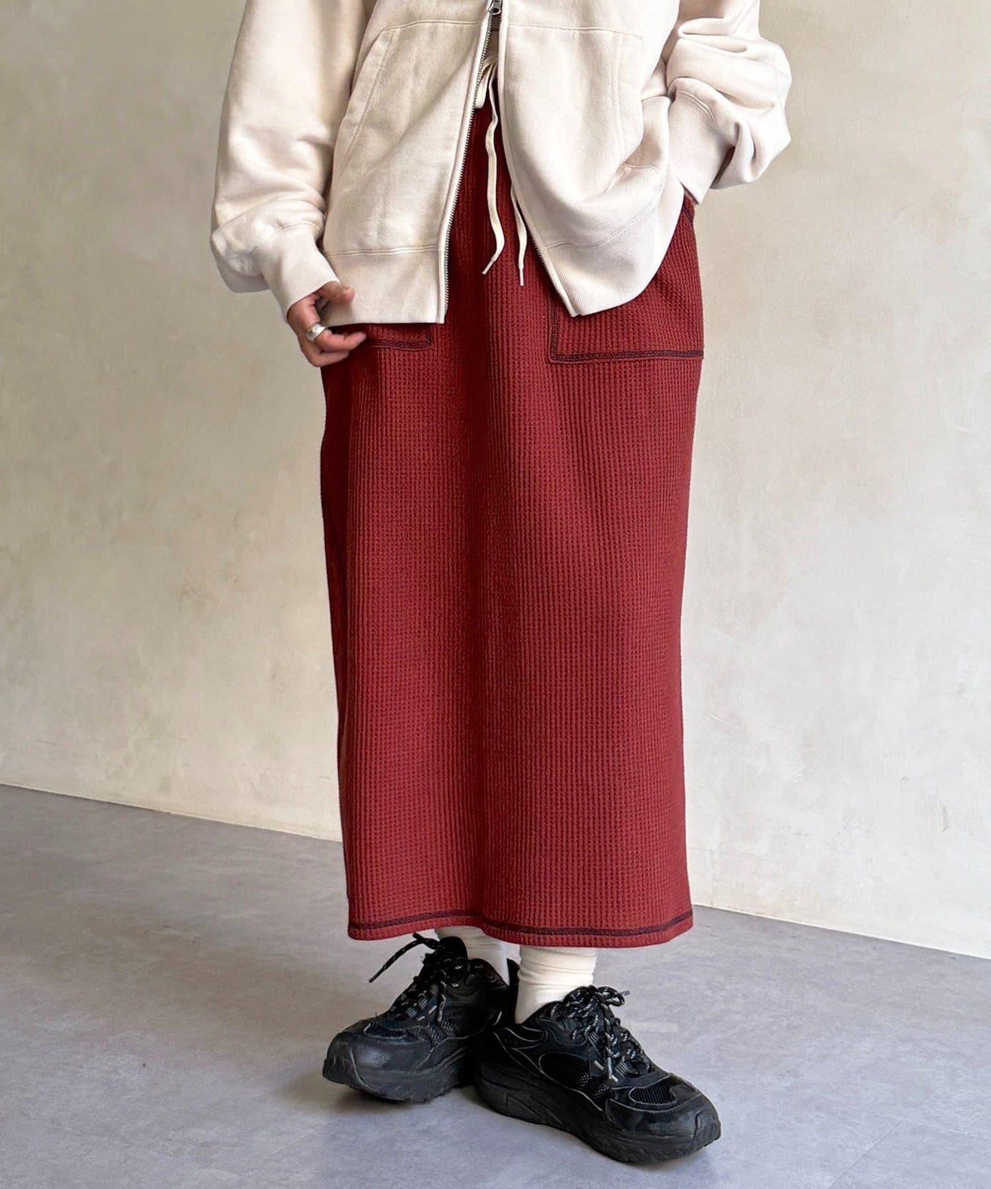 窄版 縫線 華夫格 半身裙