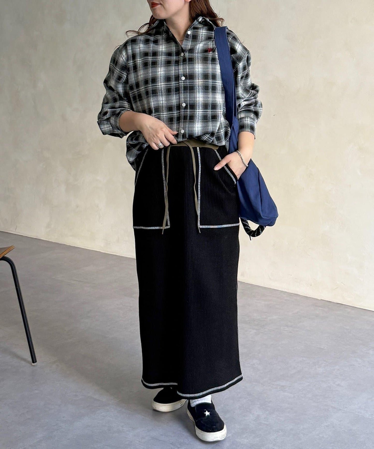 窄版 縫線 華夫格 半身裙