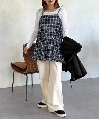 腰部蝴蝶結吊帶長款上衣