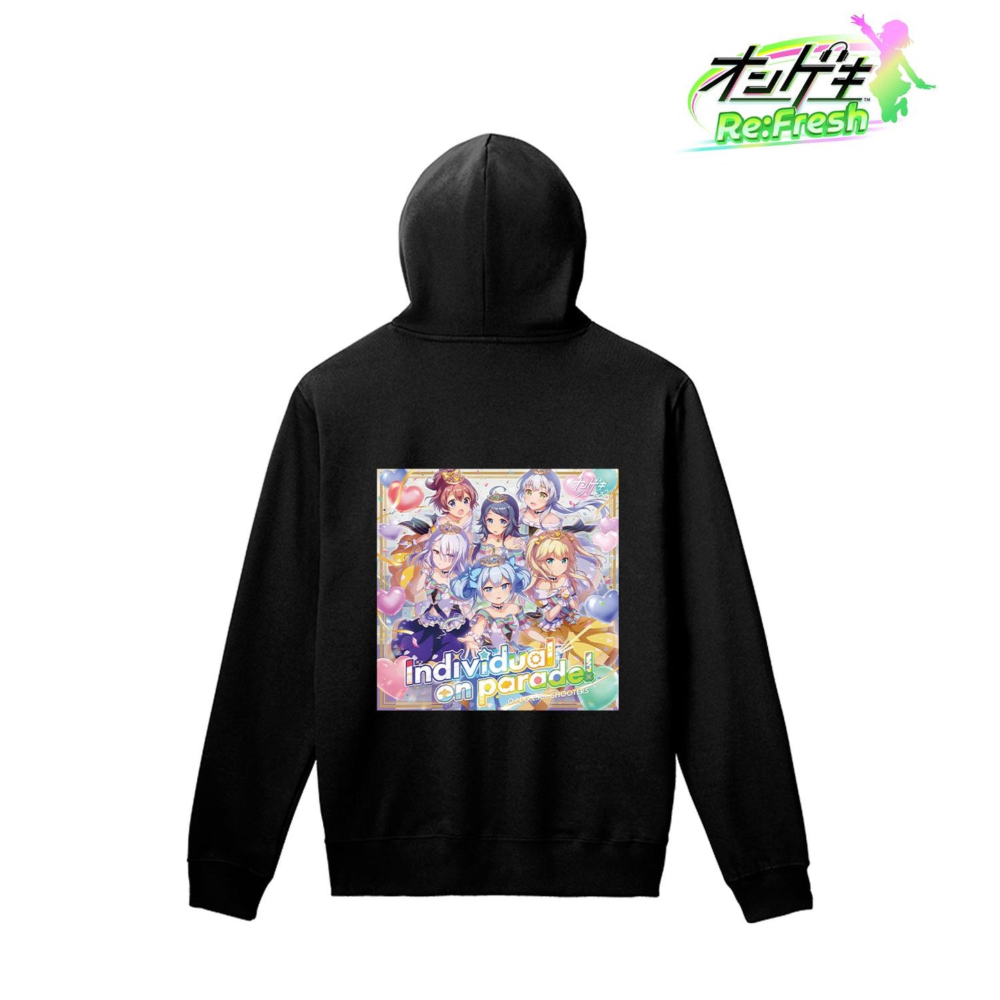 オンゲキ Re:Fresh 是 **IP 作品名**，無角色名與彈數； “Individual on parade!” 為 **英文原文設計名**，需完整保留； 商品為服裝 → 屬於 **IP周邊商品**，使用 IP 商品結構。 最終名稱如下： オンゲキ Re:Fresh（音擊） Individual on parade! 套頭連帽衛衣 XL