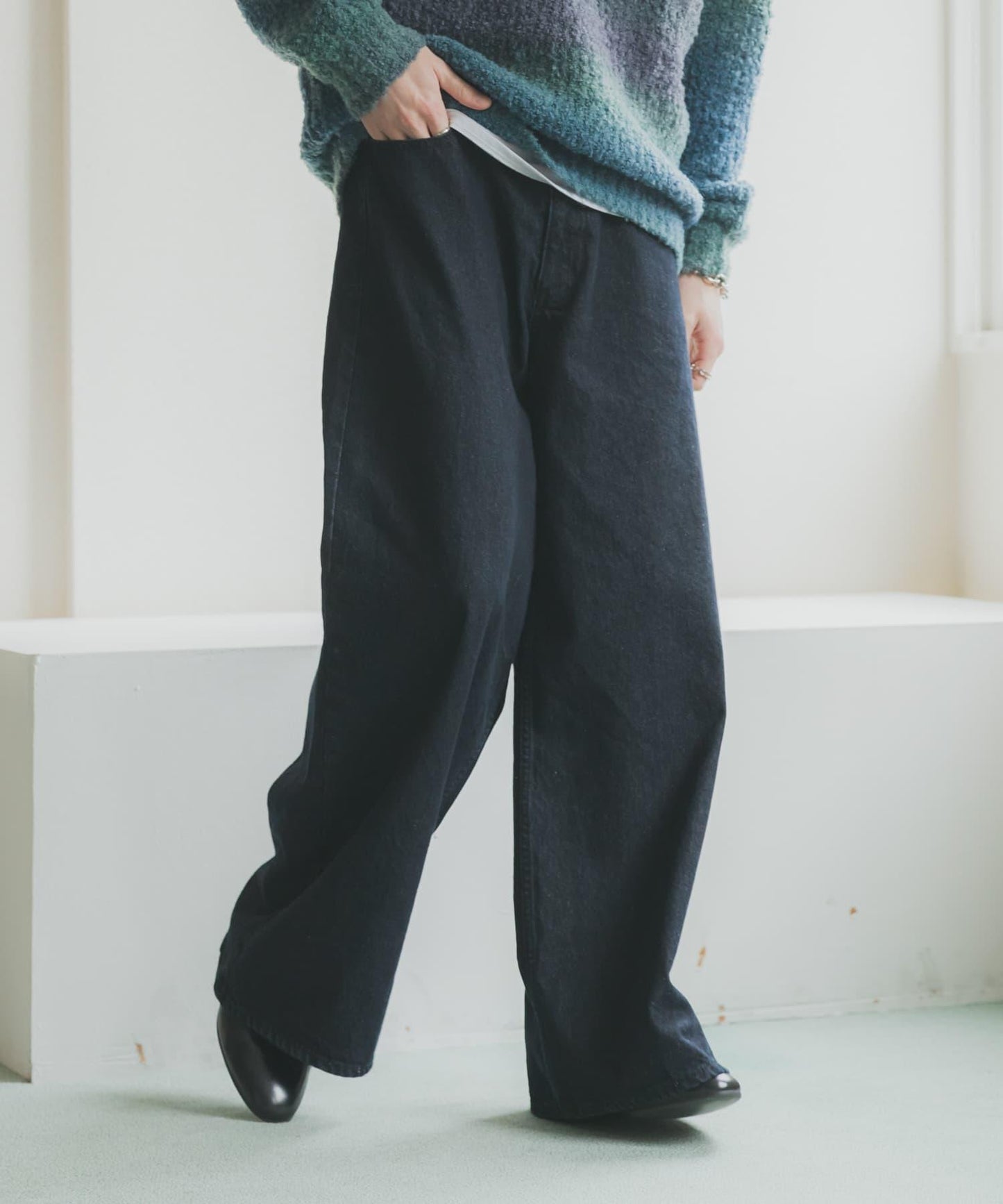 復古風牛仔寬腿褲