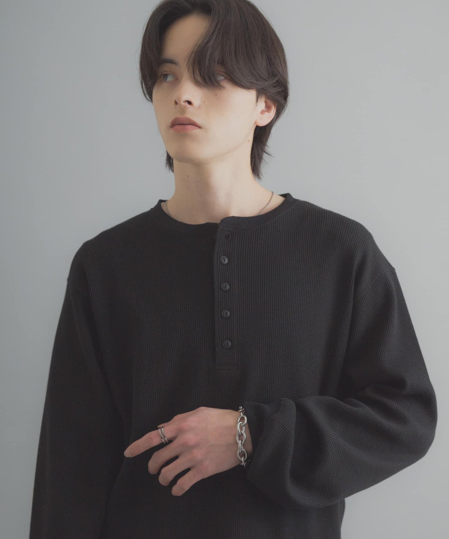 華夫格面料亨利領長袖T恤