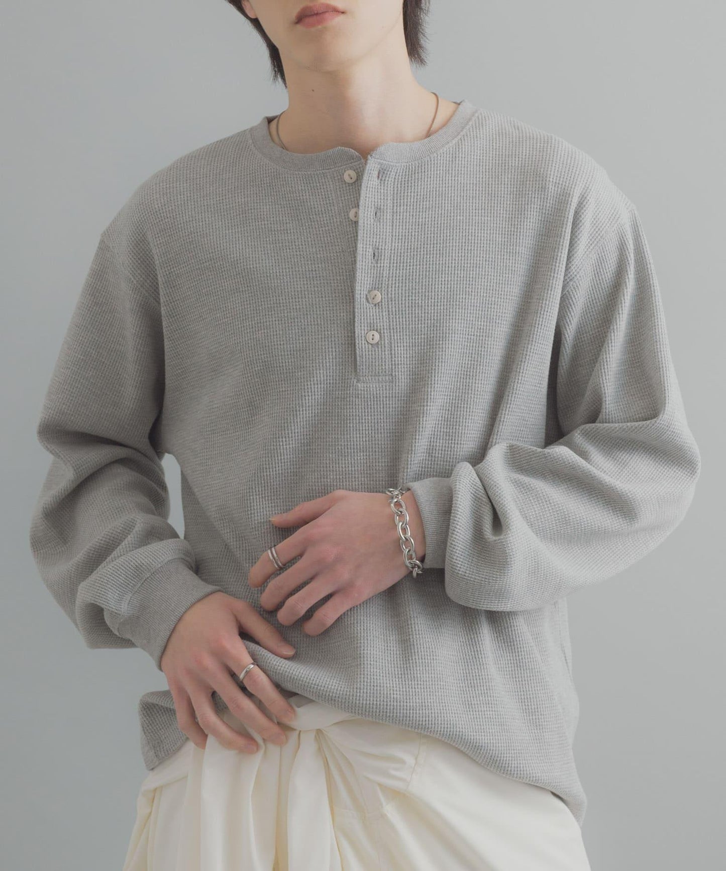 華夫格面料亨利領長袖T恤