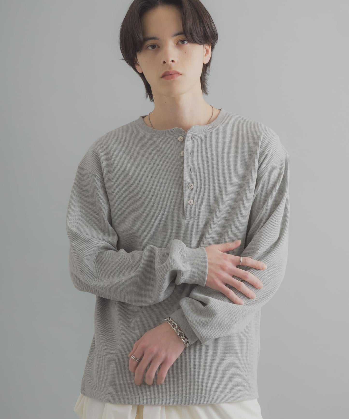 華夫格面料亨利領長袖T恤