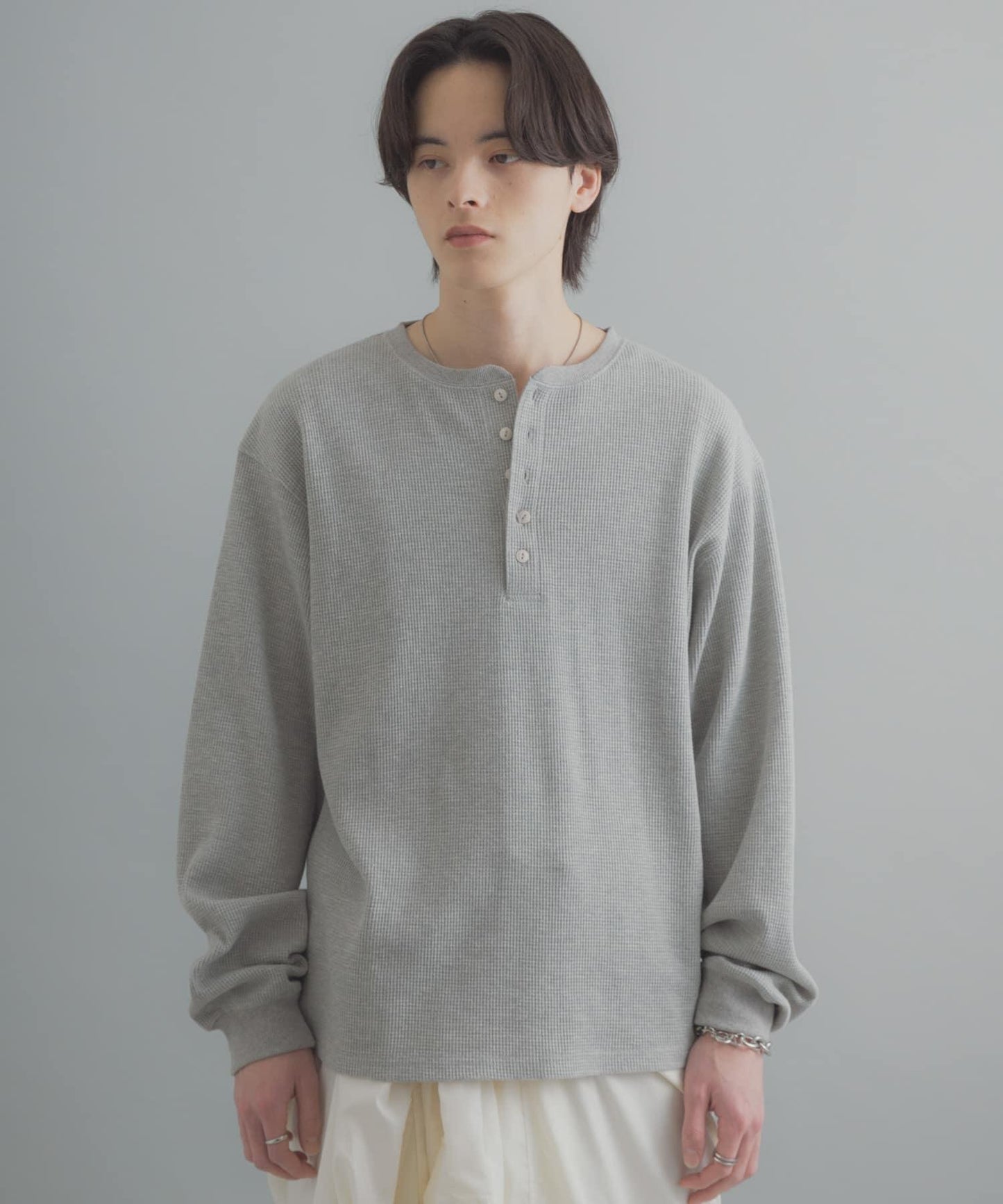 華夫格面料亨利領長袖T恤