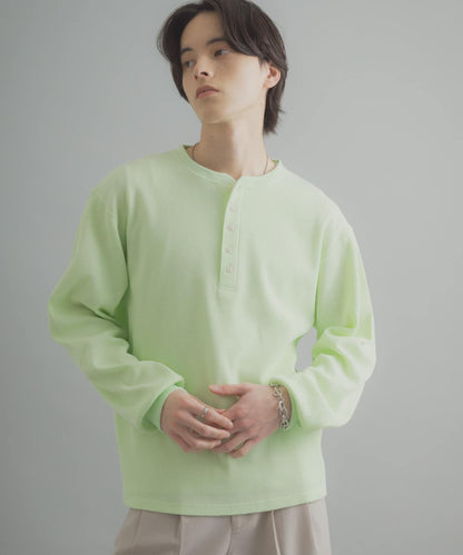 華夫格面料亨利領長袖T恤