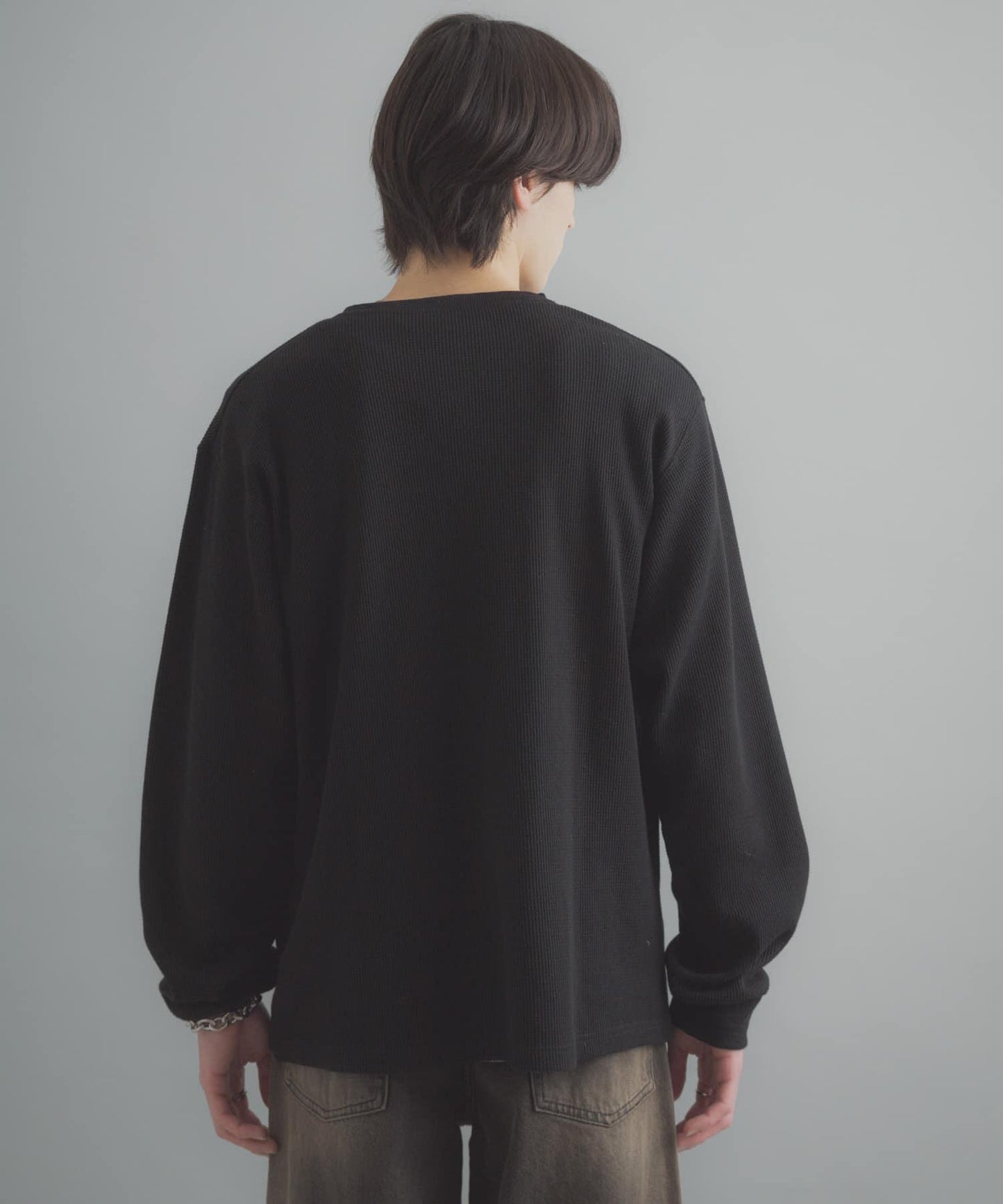 華夫格面料亨利領長袖T恤