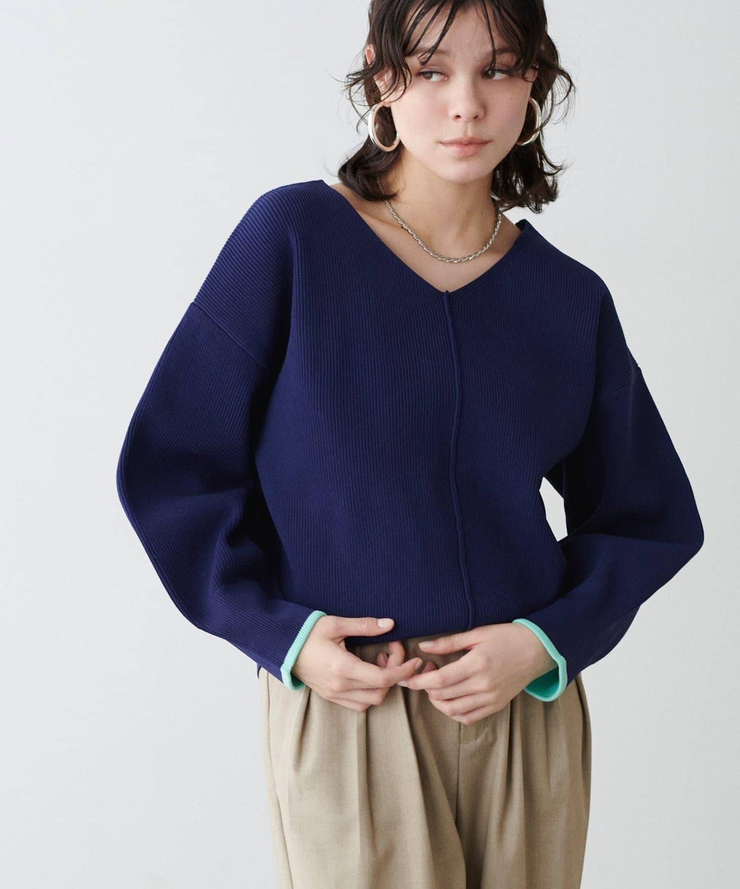 袖裡配色 前後雙穿 羅紋針織 針織上衣