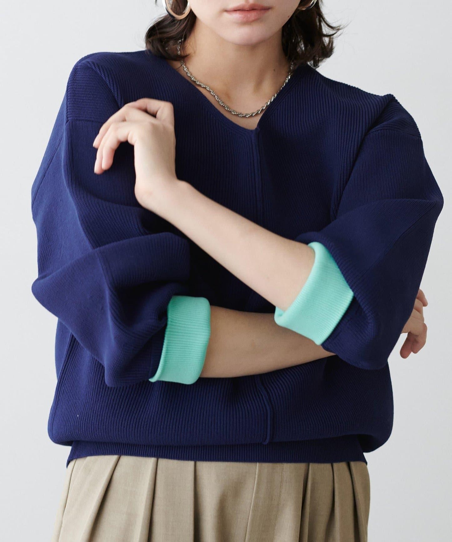 袖裡配色 前後雙穿 羅紋針織 針織上衣