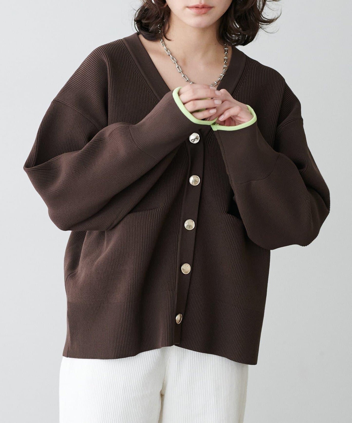 拼色金色紐釦針織開衫