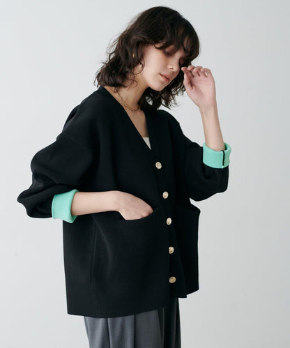 拼色金色紐釦針織開衫