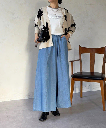 褶皺鬆緊牛仔闊腿褲