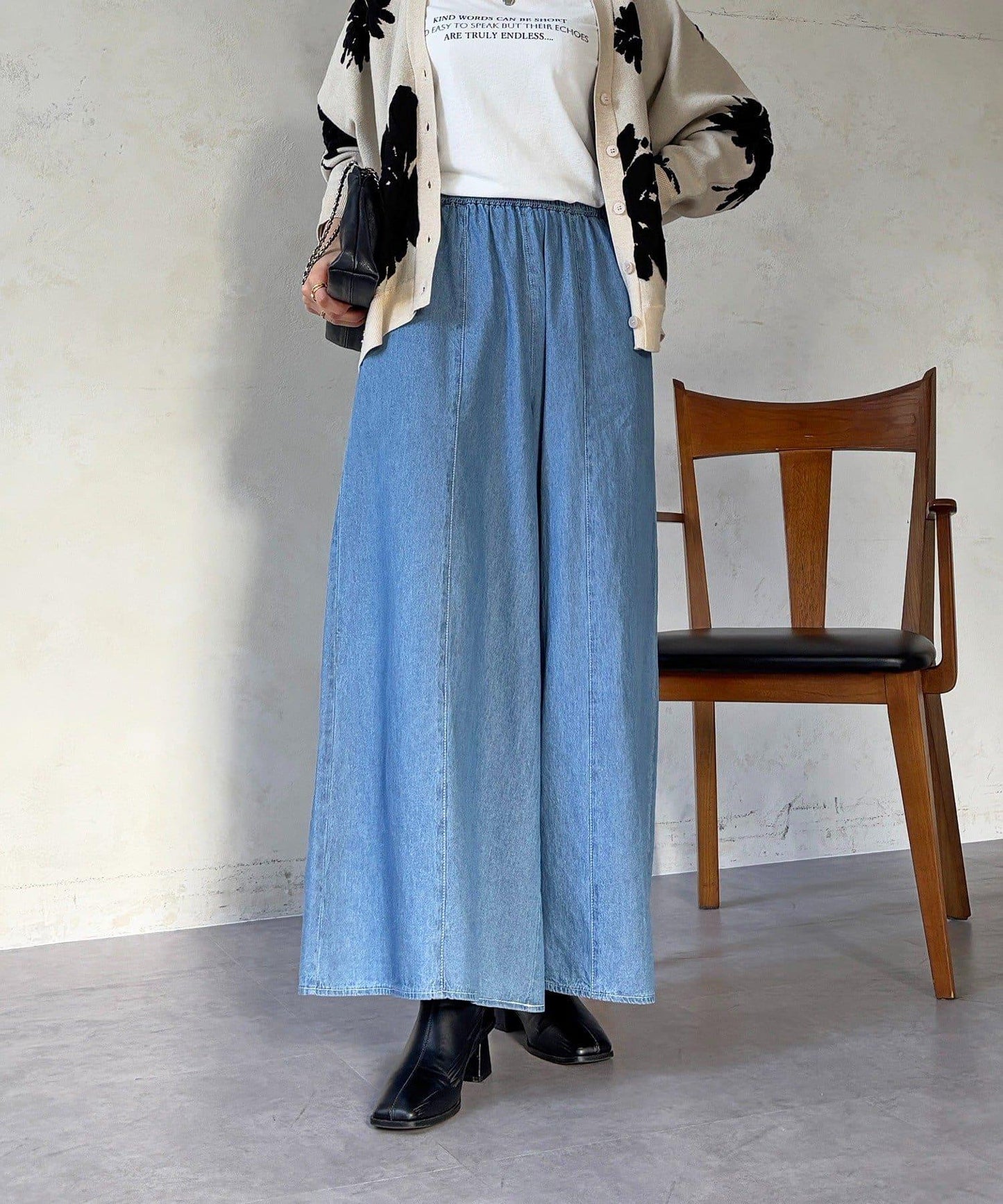 褶皺鬆緊牛仔闊腿褲