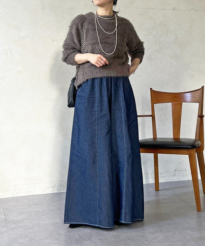 褶皺鬆緊牛仔闊腿褲