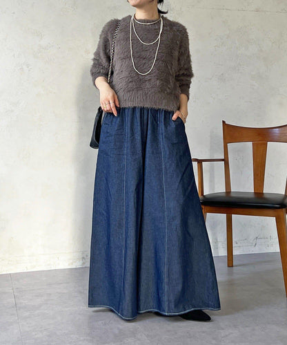 褶皺鬆緊牛仔闊腿褲