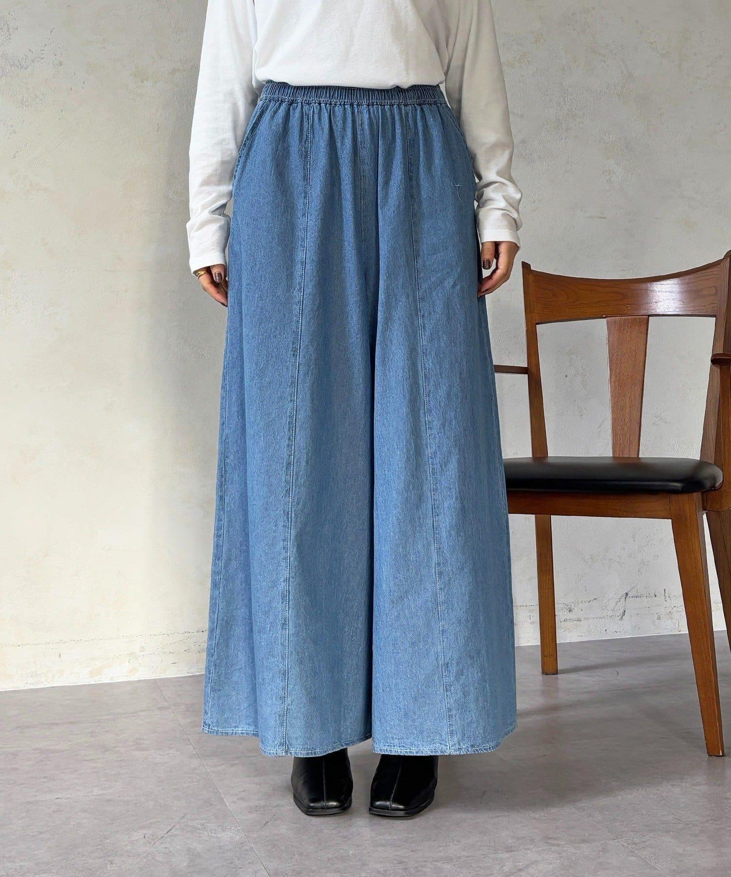 褶皺鬆緊牛仔闊腿褲