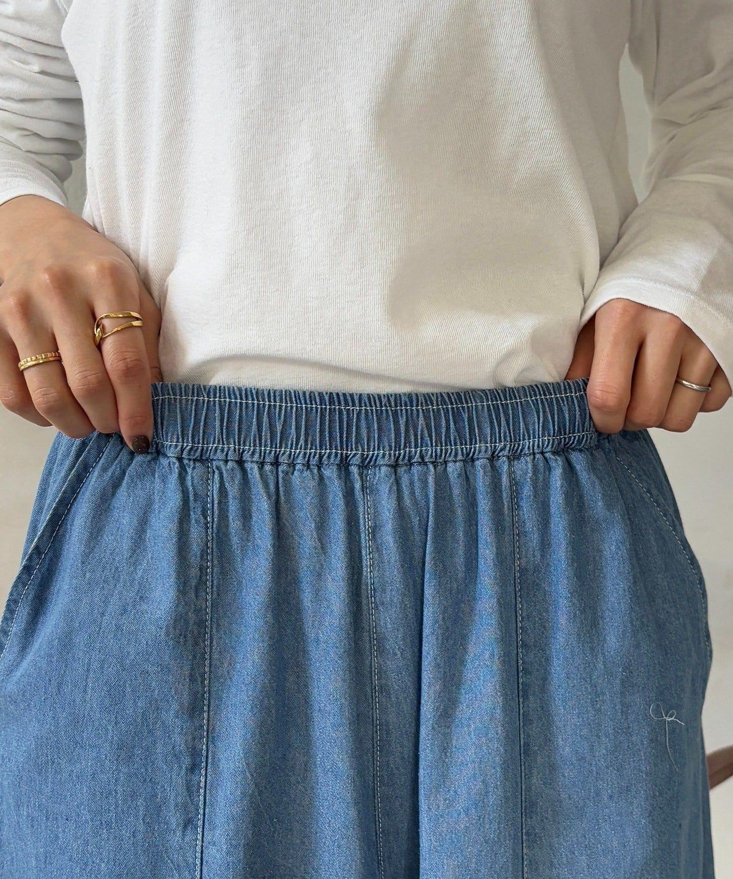 褶皺鬆緊牛仔闊腿褲