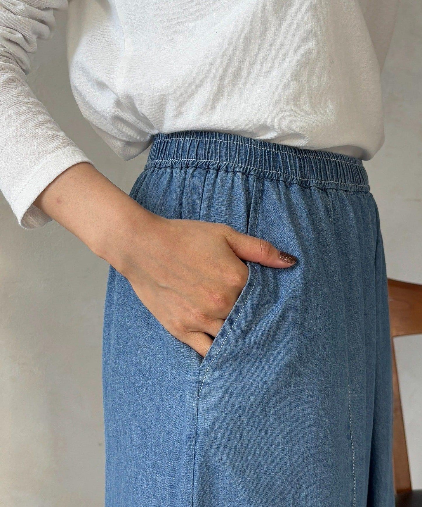 褶皺鬆緊牛仔闊腿褲