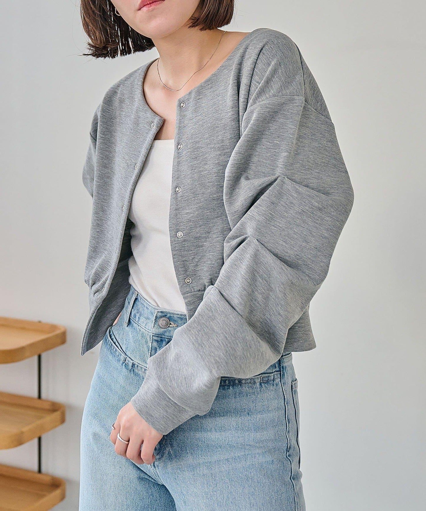 空氣層針織 褶皺袖 針織開衫