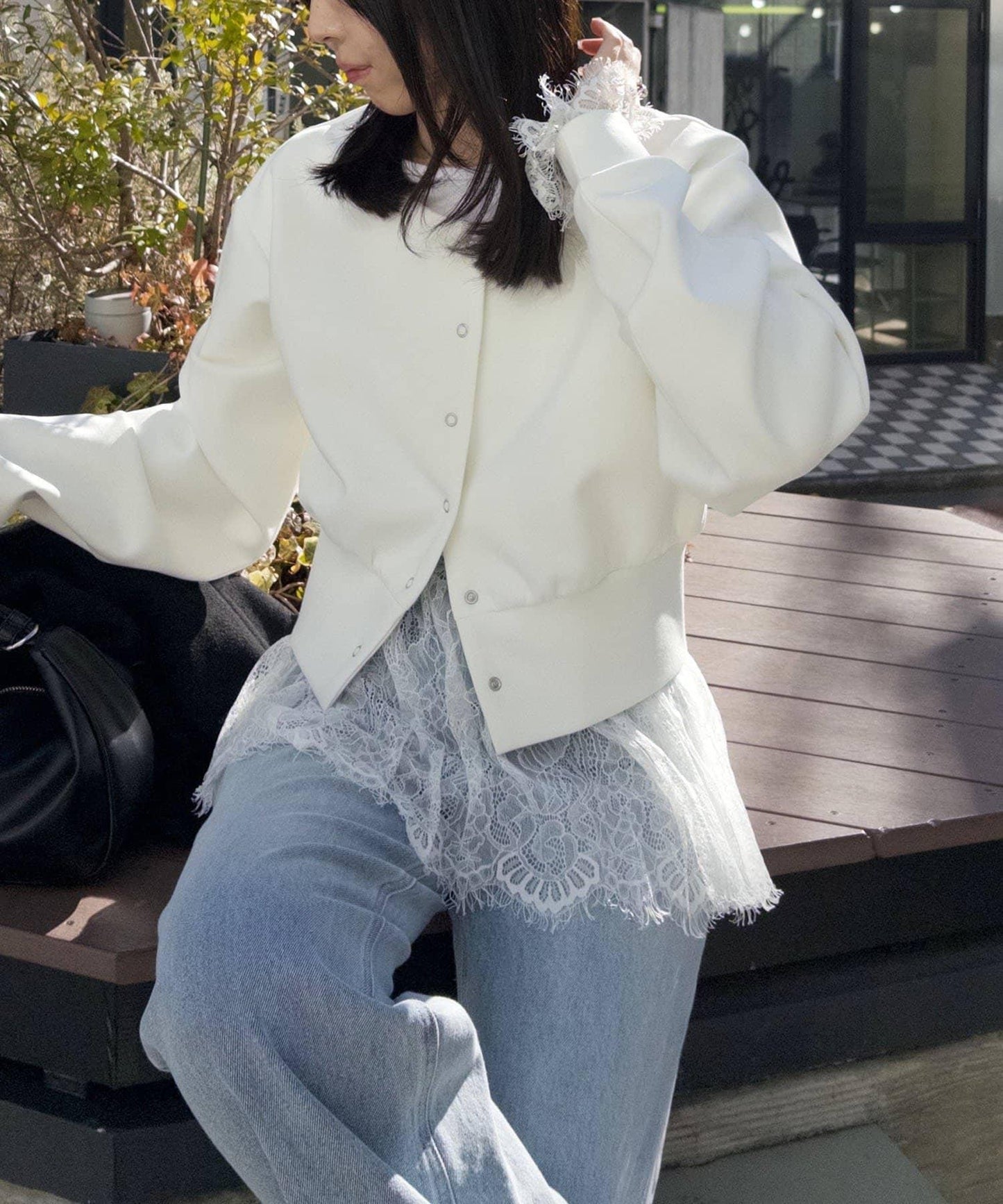 空氣層針織 褶皺袖 針織開衫