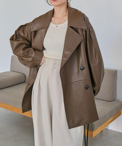 皮革中長款大衣