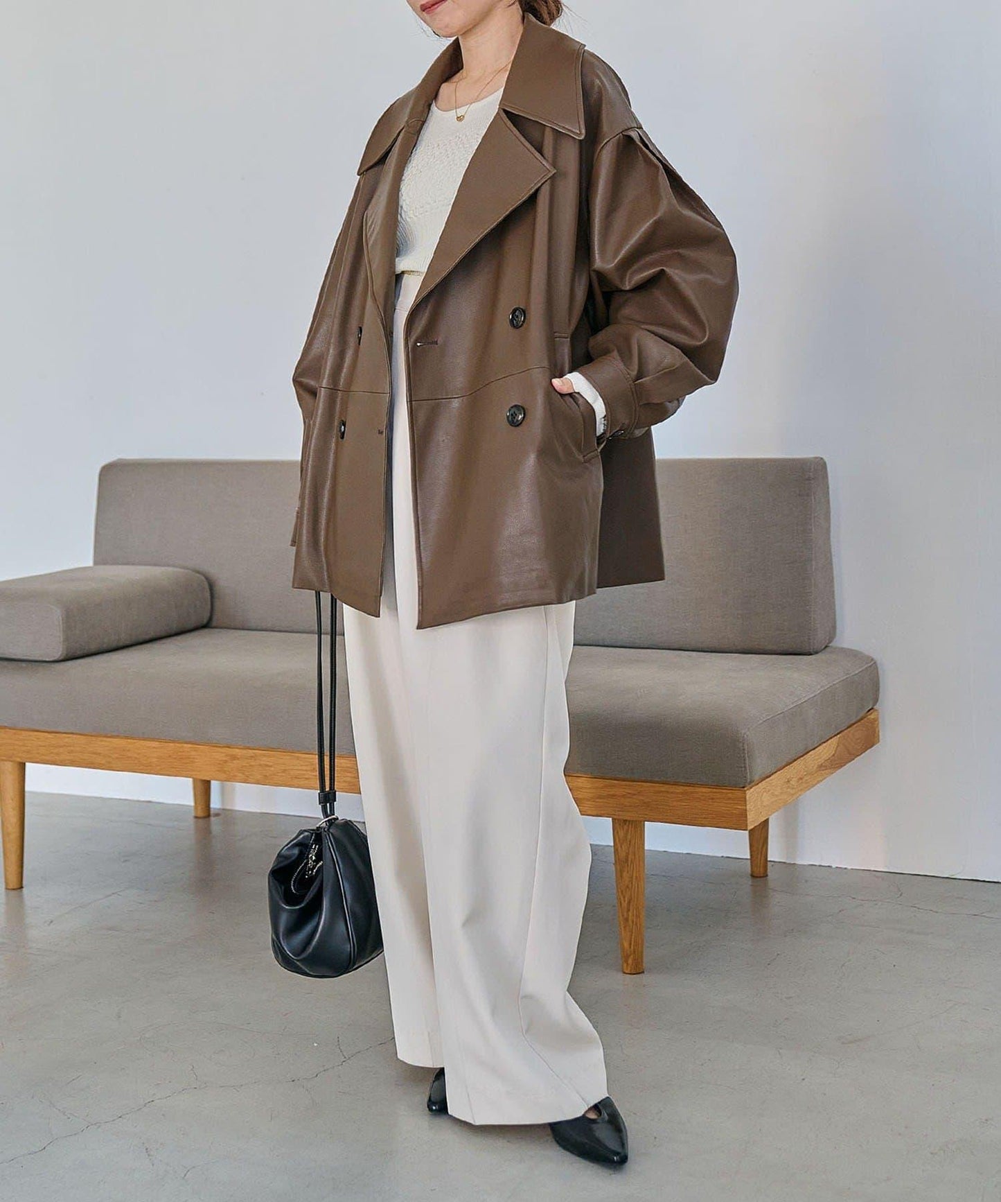 皮革中長款大衣