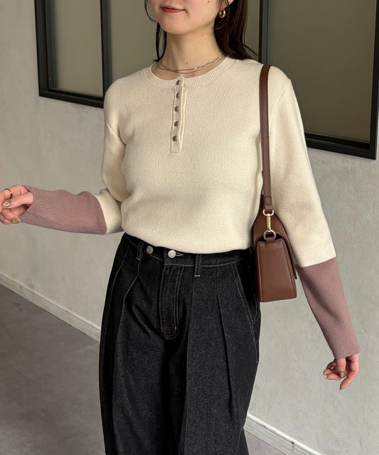 袖口撞色 Henley領 針織上衣