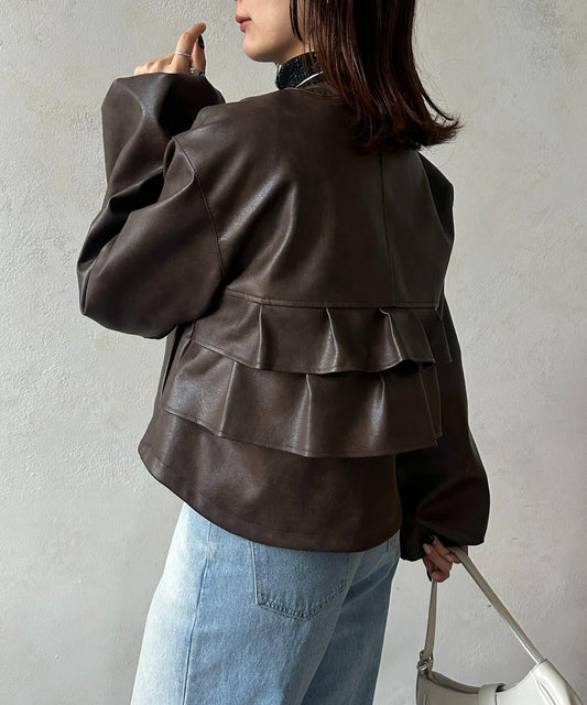 後荷葉邊 雙拉鍊 人造皮革 夾克
