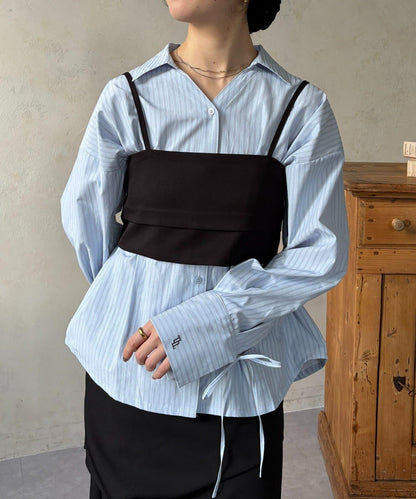 背心拼接袖部蝴蝶結襯衫