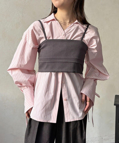 背心拼接袖部蝴蝶結襯衫