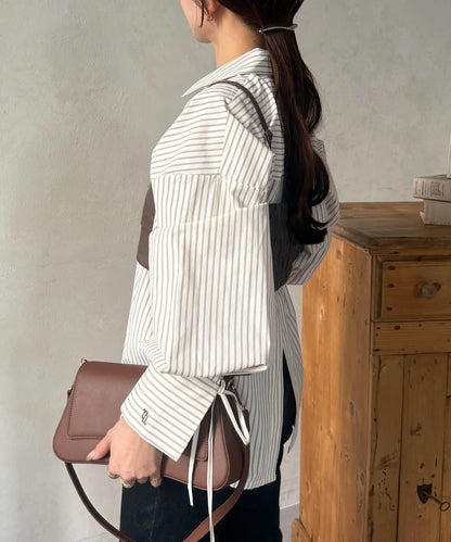 背心拼接袖部蝴蝶結襯衫