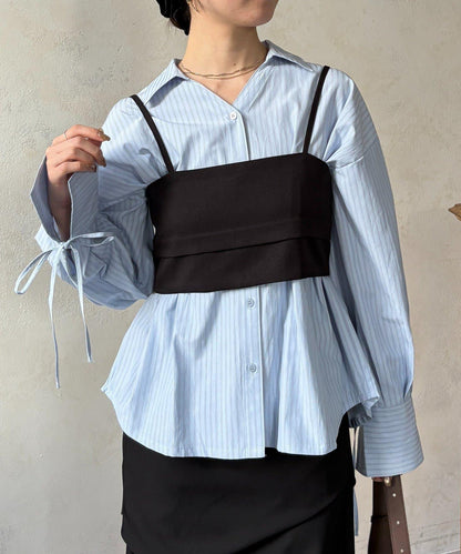 背心拼接袖部蝴蝶結襯衫