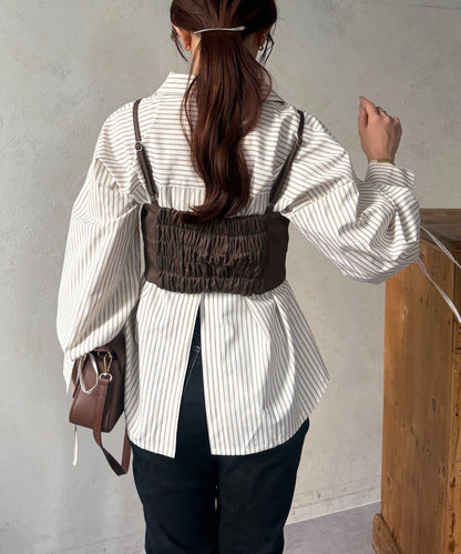 背心拼接袖部蝴蝶結襯衫