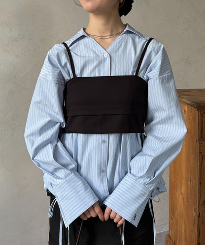 背心拼接袖部蝴蝶結襯衫