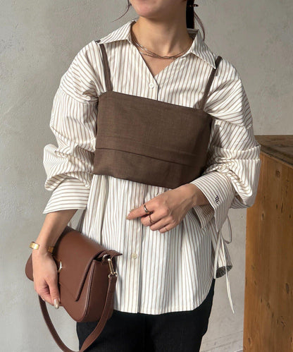 背心拼接袖部蝴蝶結襯衫