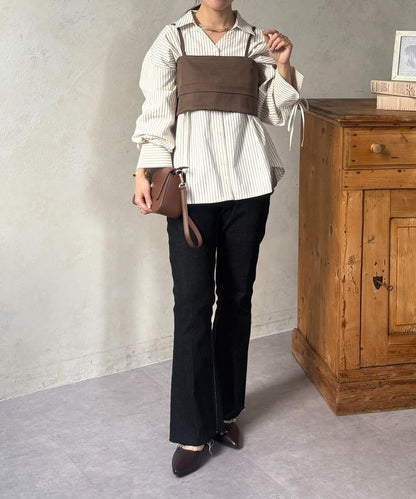 背心拼接袖部蝴蝶結襯衫