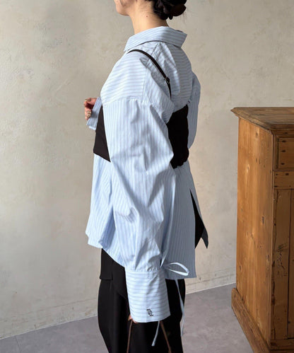 背心拼接袖部蝴蝶結襯衫