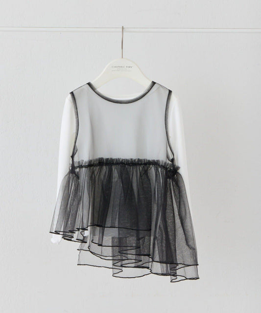 KIDS 疊穿T恤組合 不對稱網紗 長款上衣