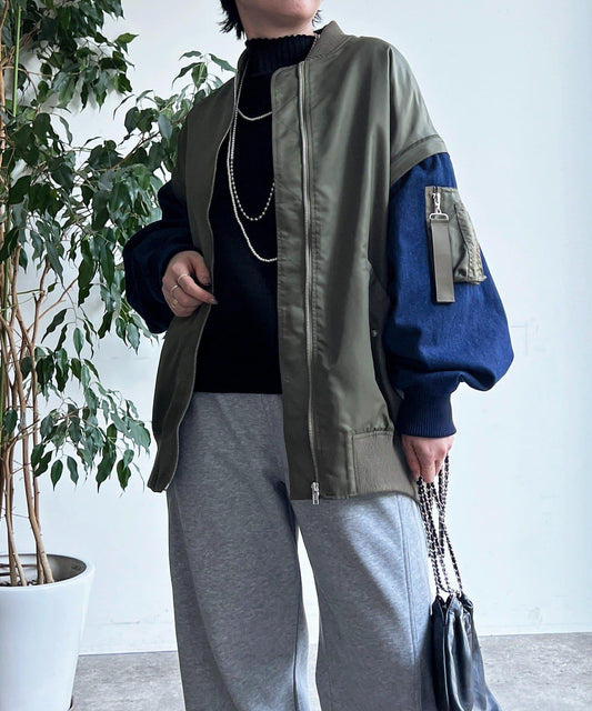 牛仔拼接袖 MA1 夾克