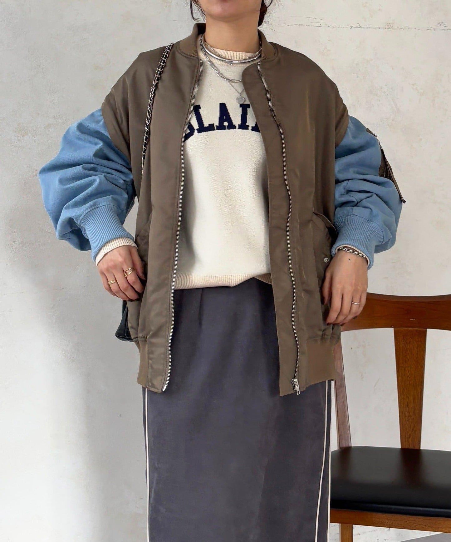 牛仔拼接袖 MA1 夾克