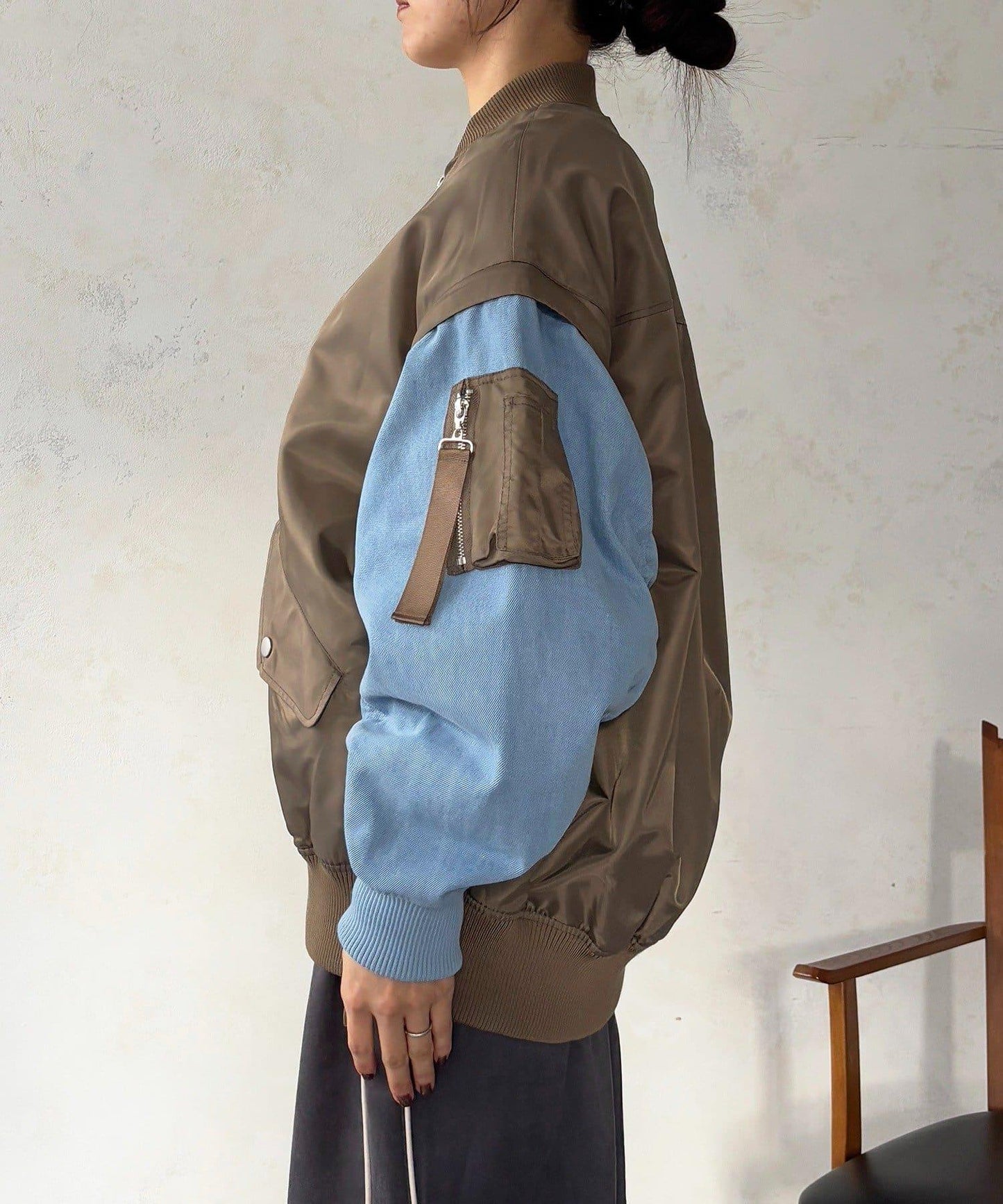 牛仔拼接袖 MA1 夾克