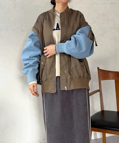 牛仔拼接袖 MA1 夾克