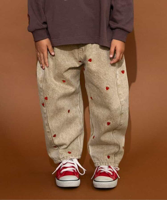 愛心滿版刺繡 彎刀廓形 褲子