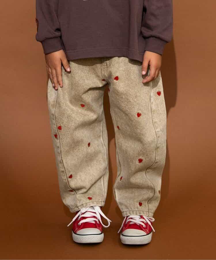 愛心滿版刺繡 彎刀廓形 褲子