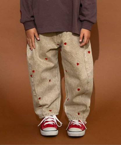 愛心滿版刺繡 彎刀廓形 褲子