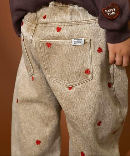 愛心滿版刺繡 彎刀廓形 褲子