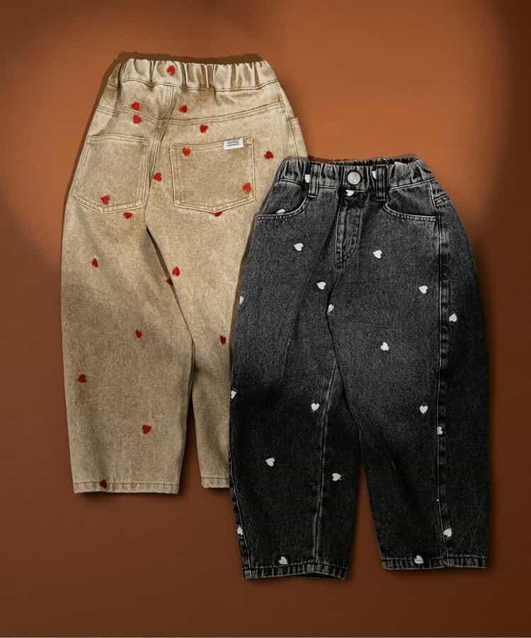 愛心滿版刺繡 彎刀廓形 褲子