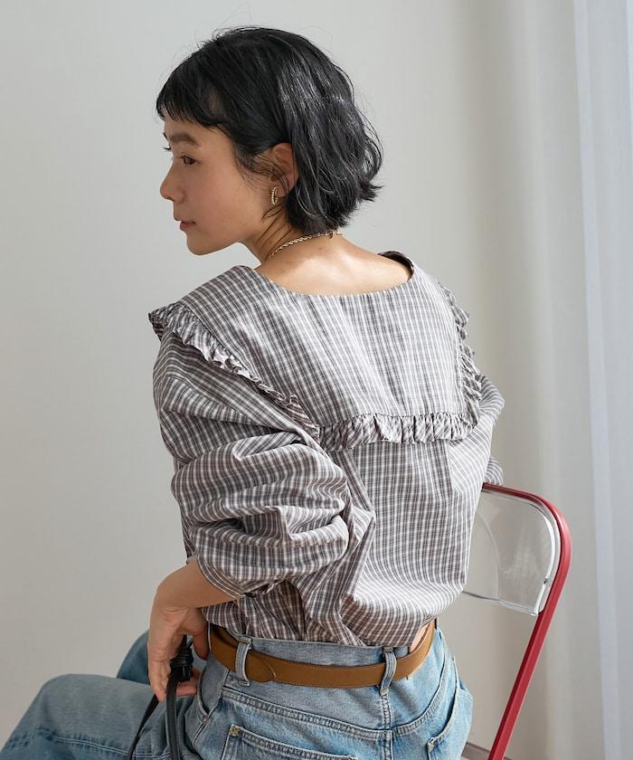 格紋水手領女式襯衫