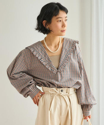 格紋水手領女式襯衫