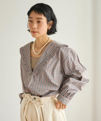 格紋水手領女式襯衫